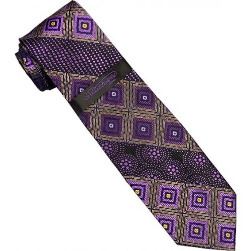 Piattelli Collection PT006 Purple / Violet / Beige Geometric Design 100% Woven Silk Necktie/Hanky Set